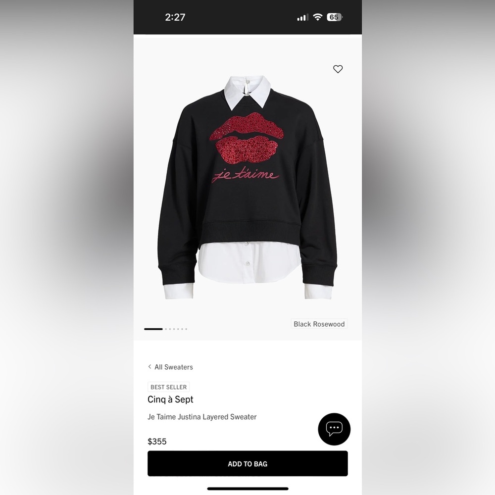 Cinq a Sept Black Sweater with Red Lips Design